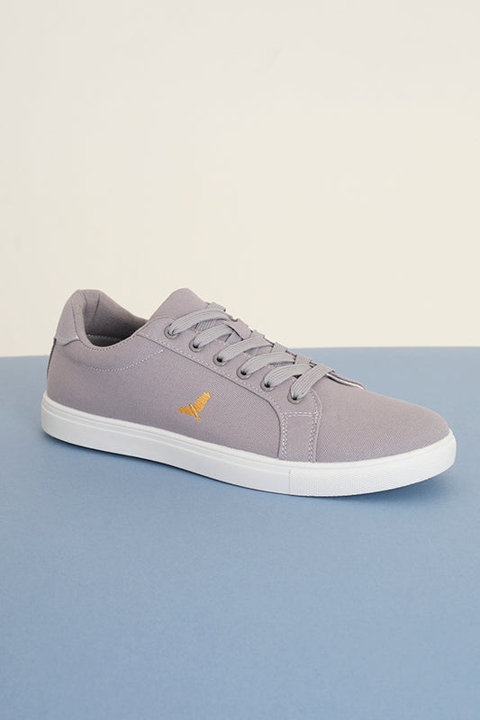 Grey Canvas Lace Up Embroidered Trainers
