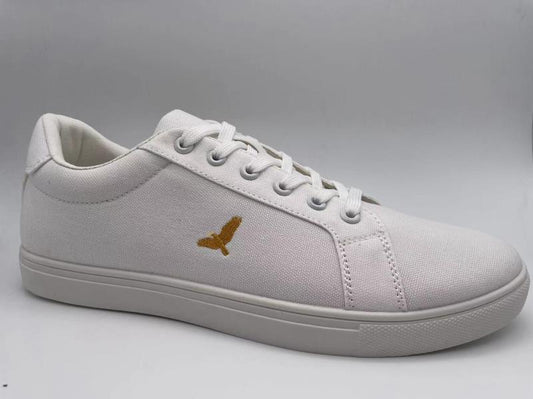 White Canvas Lace Up Embroidered Trainers