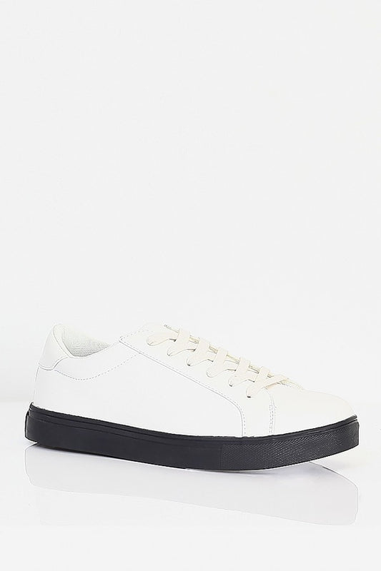 White Pu Lace Up Trainers With Black Sole