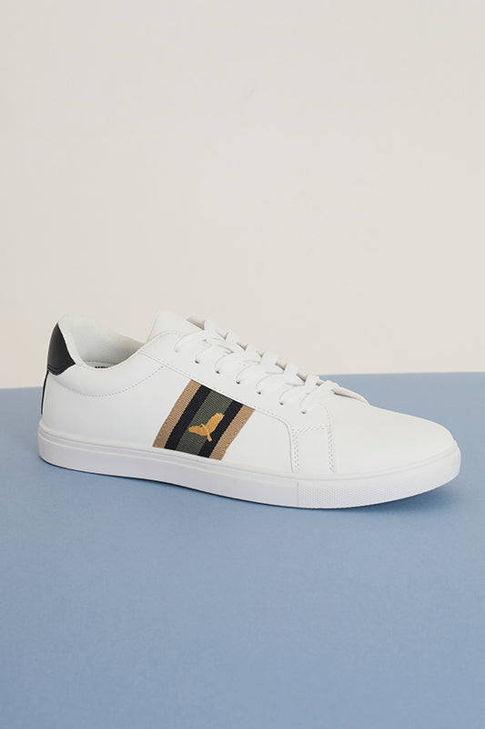 White Pu Lace Up Gold Eagle Embroidery Trainers