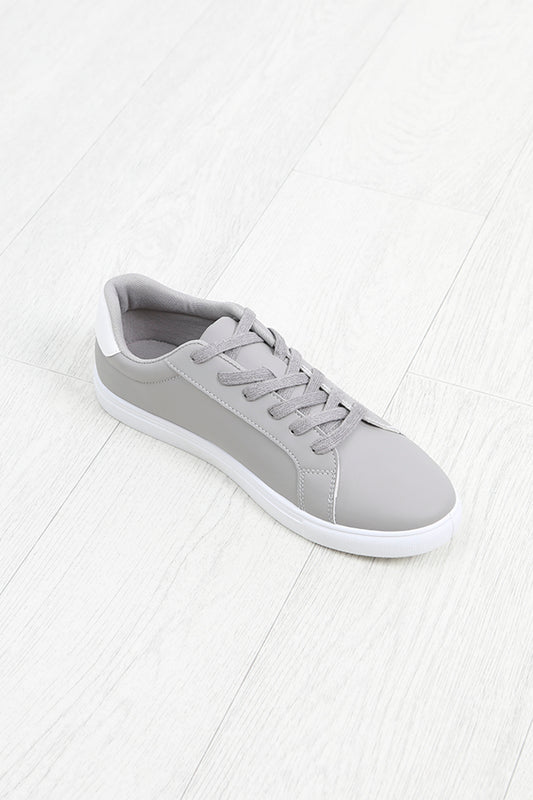 Grey Faux Leather Panel Detail Lace Up Trainers