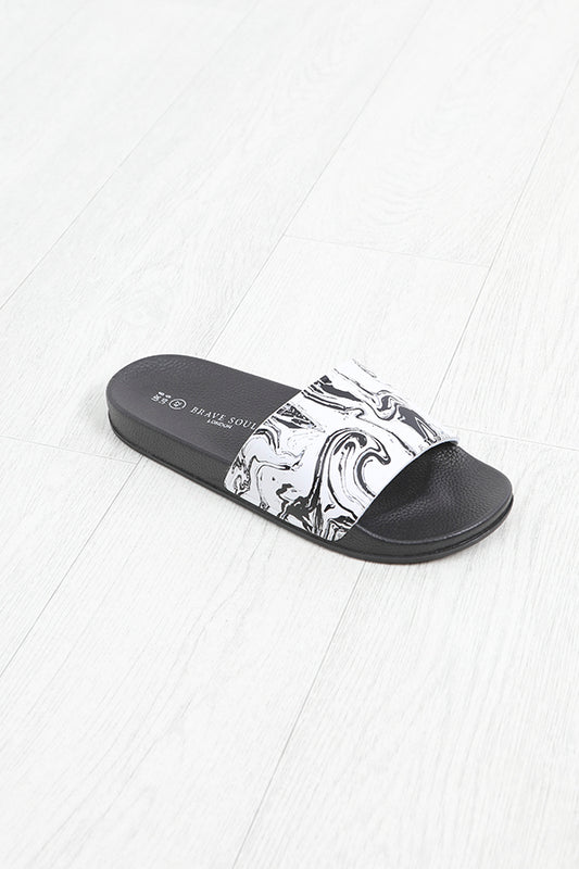 Black Marble Print Leather Look Sliders