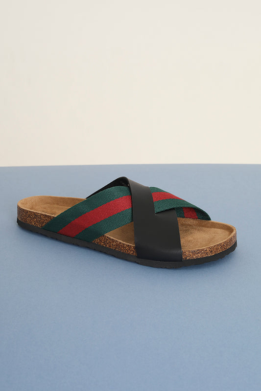 Red And Green Striped Cross Strap Cork Sandals