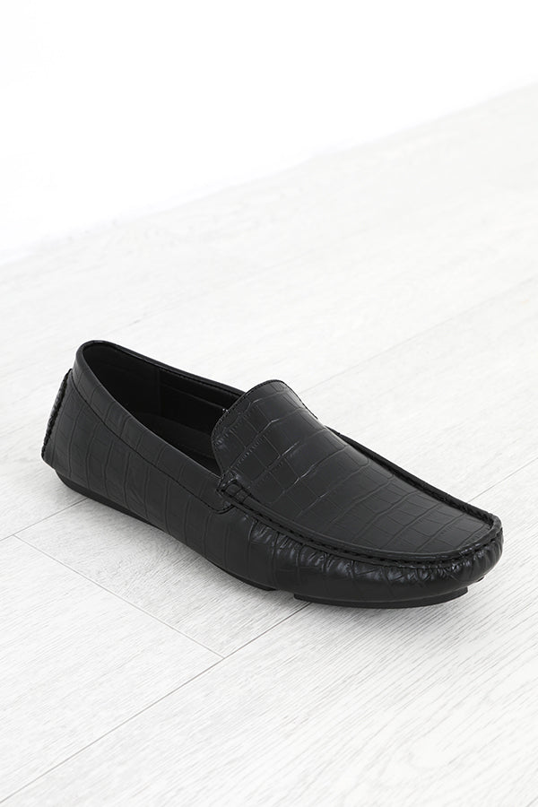 Black Mock Croc Slip On Loafers