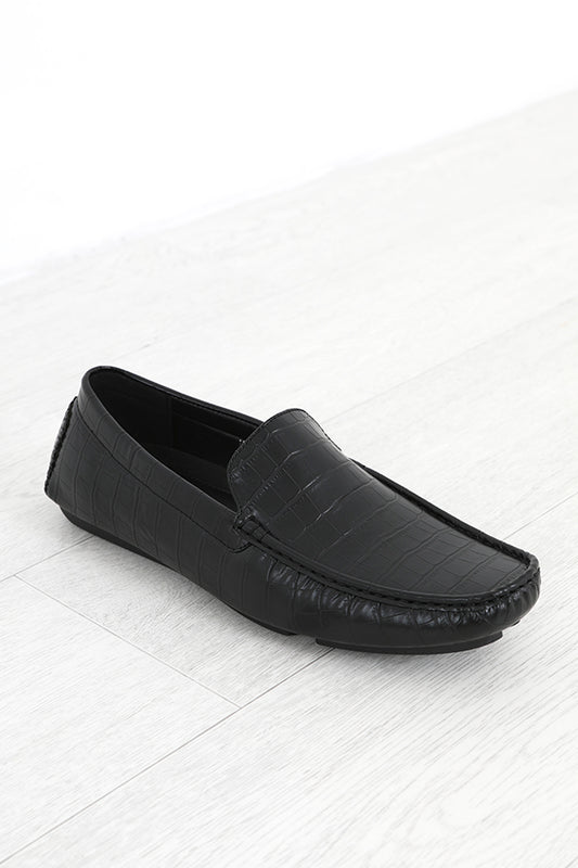 Black Mock Croc Slip On Loafers
