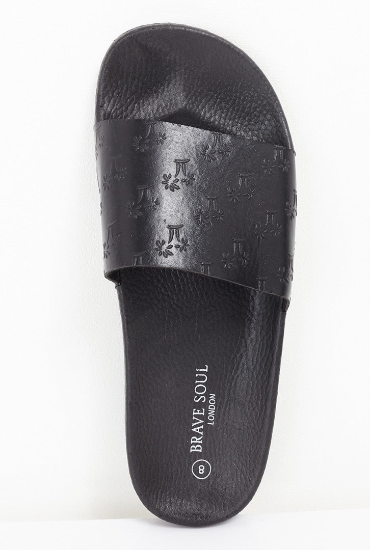 Embossed Palm Tree Design Black Pool Sliders