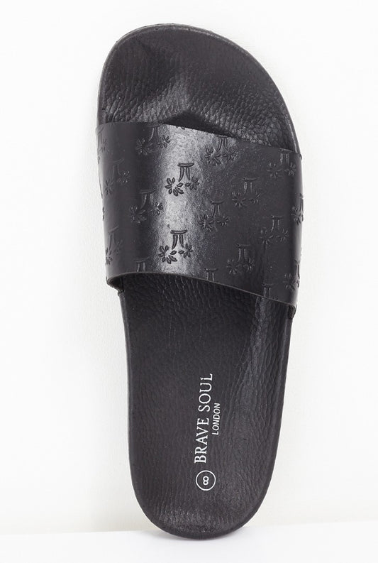 Embossed Palm Tree Design Black Pool Sliders