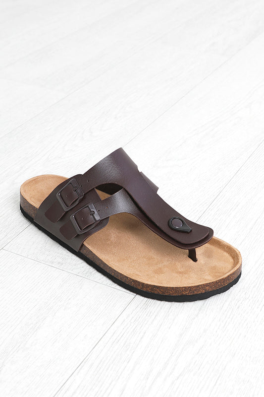 Brown Faux Leather Toe Post Cork Sandals