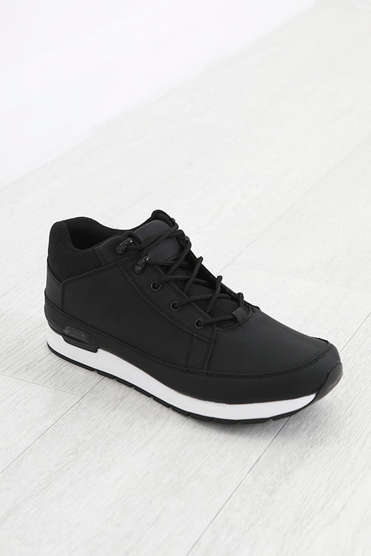 Black Lace Up White Sole Detail Faux Leather Boots