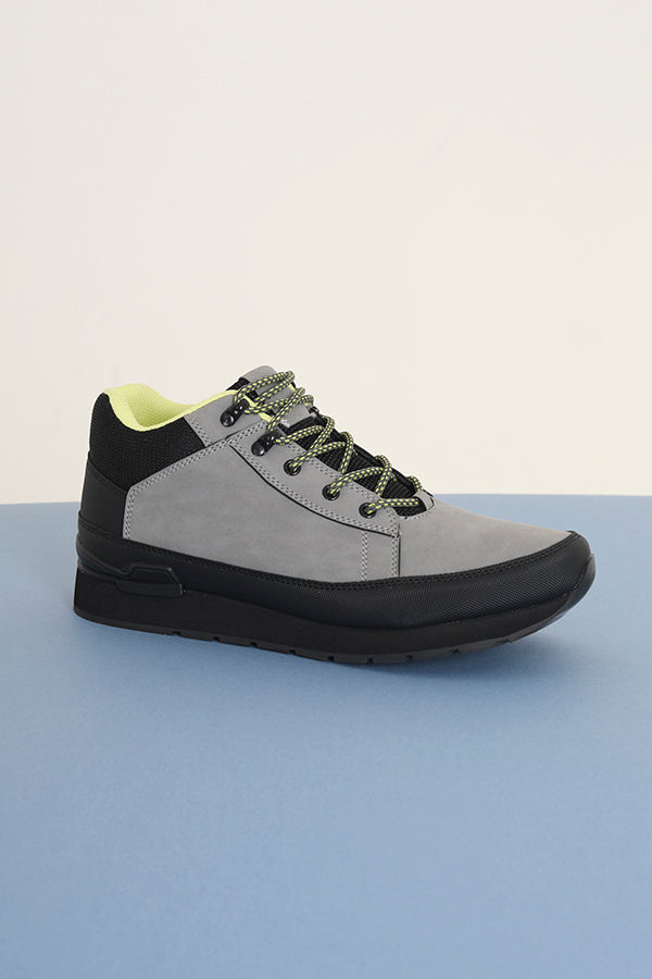 Lace Up Boot White With Black Layer Sole Grey And Black Panel Detail