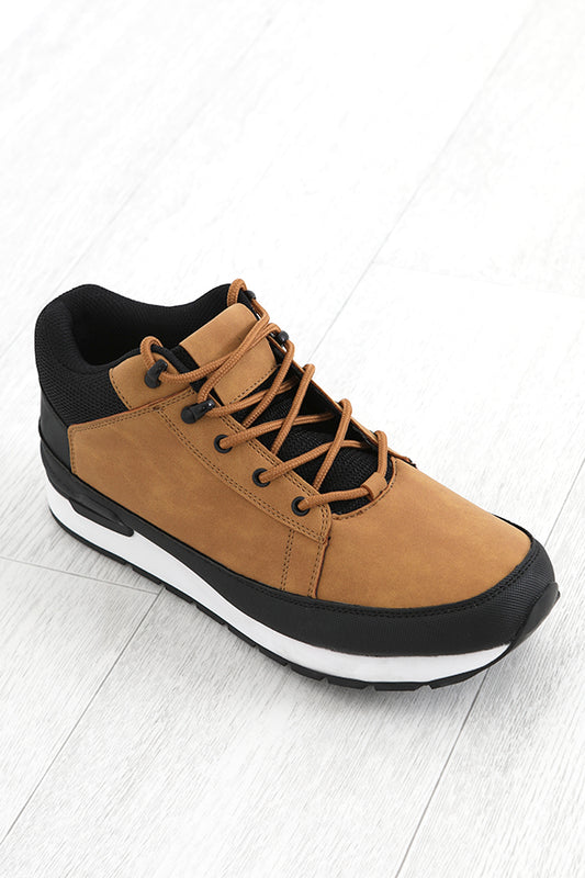 Tan Lace Up Panel Detail Faux Leather Boot