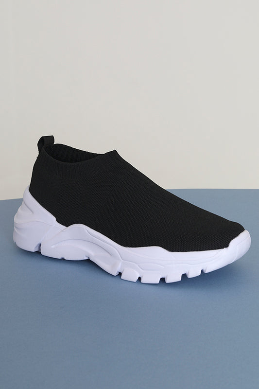 Black Chunky Pu Sole Low Knitted Trainers