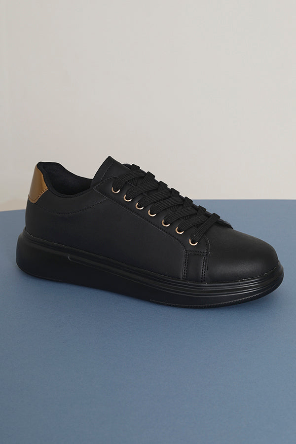Black And Gold Faux Leather Lace Up Trainers