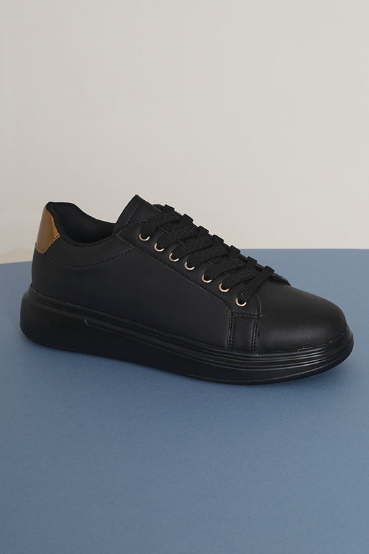 Black And Gold Faux Leather Lace Up Trainers