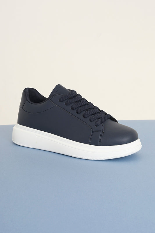 Navy Pu Lace Up Trainers With Chunky Sole