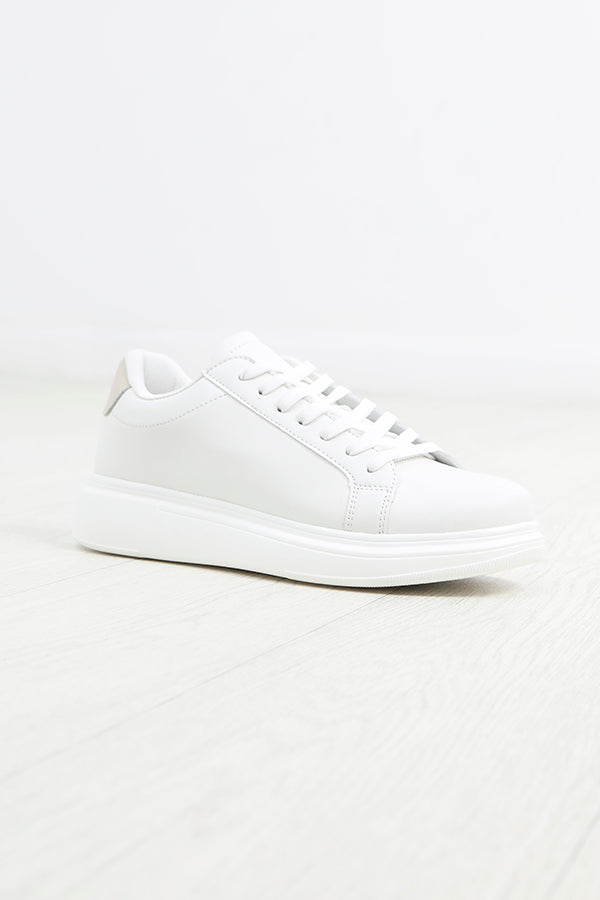 White Faux Leather Chunky Sole Lace Up Trainers