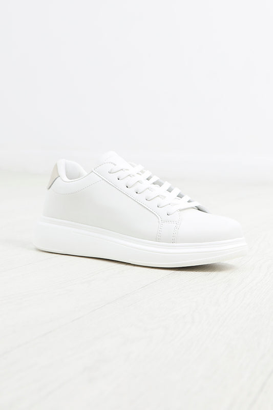 White Faux Leather Chunky Sole Lace Up Trainers