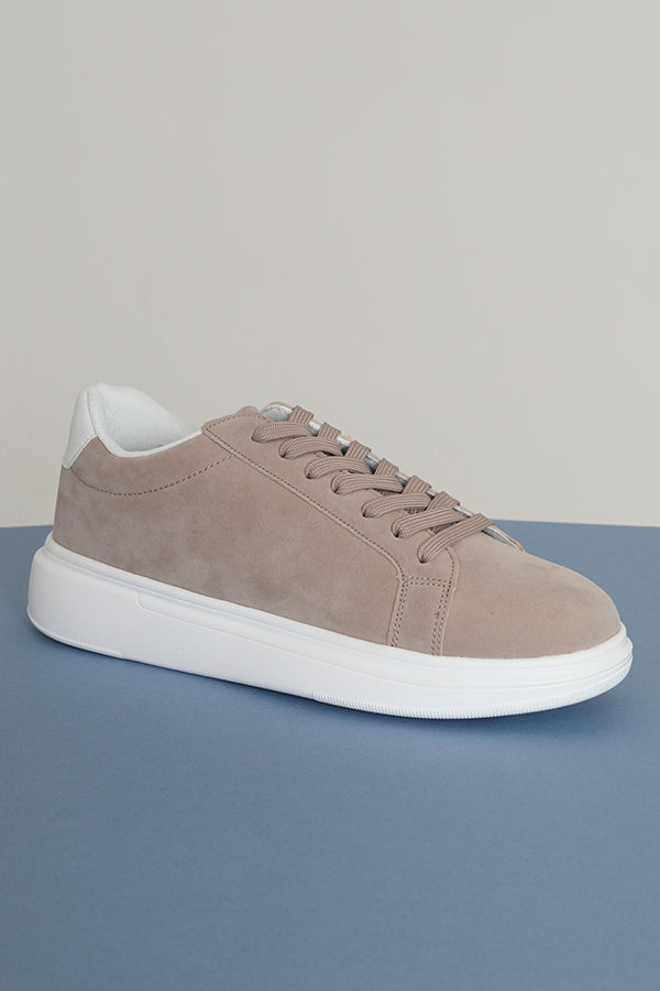 Fawn And White Faux Suede Lace Up Trainers