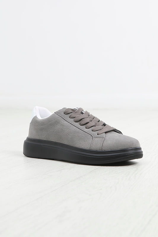 Grey Faux Suede Contrast Panel Lace Up Trainers