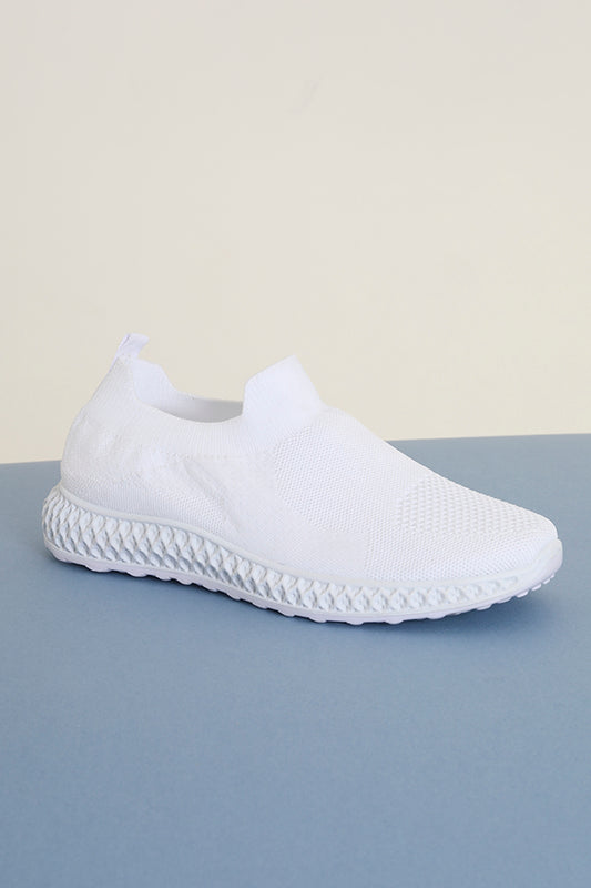 White Solid Knitted Upper Slip On Trainers