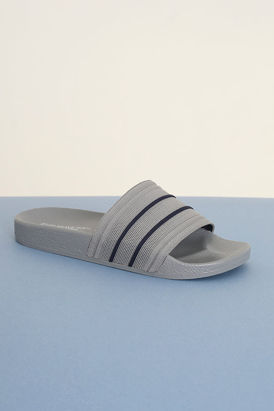 Grey Striped Knitted Strap Pool Sliders