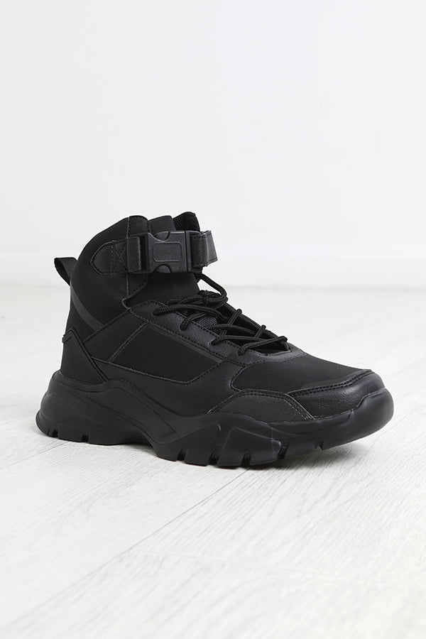 Black Faux Leather Chunky Lace Up Hi Top Trainers