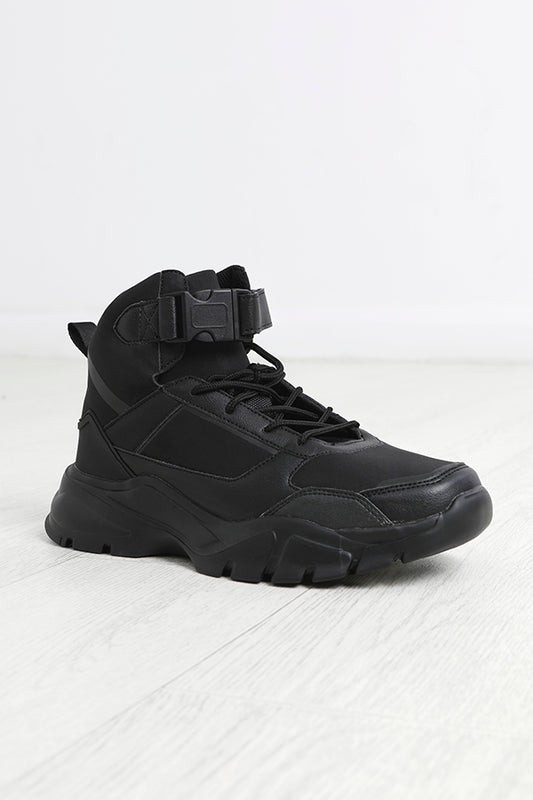 Black Faux Leather Chunky Lace Up Hi Top Trainers