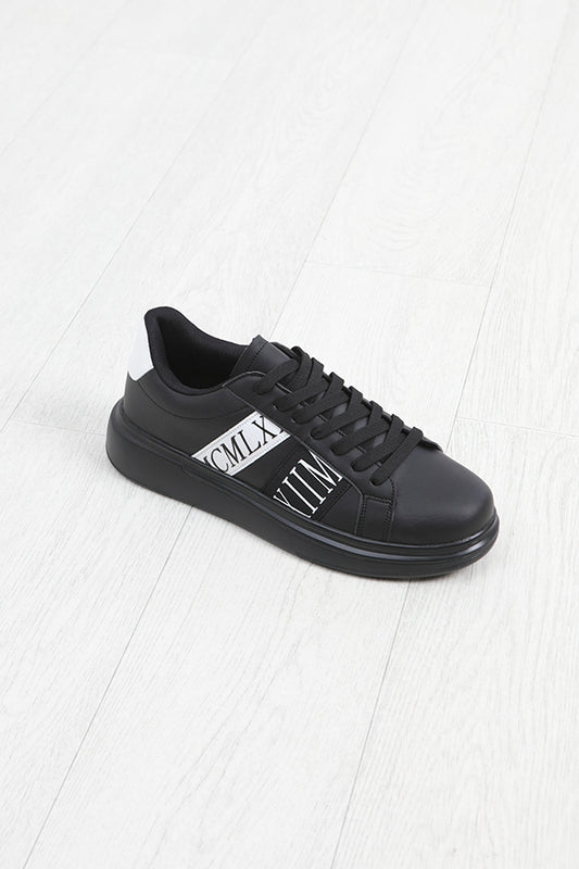 Black Print Detail Faux Leather Lace Up Trainers