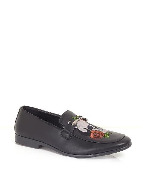 Rose Skull Embroidery Detail Black Faux Leather Loafers