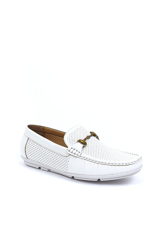 White Pu Perforated Horse Bit Detail Loafers