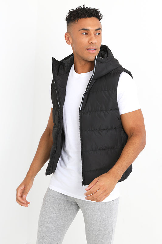 Black Padded Mesh Panel Zip Through Hooded Gilet