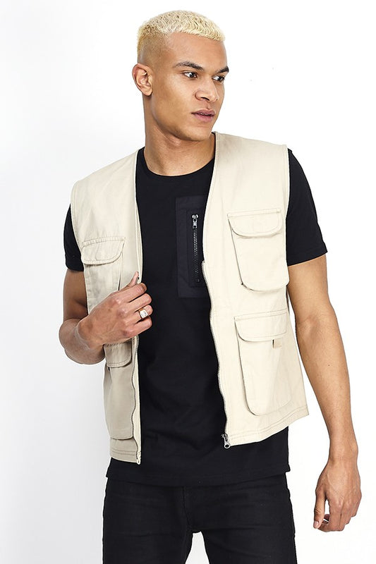 Utility Pocket Detail Stone Cotton Gilet