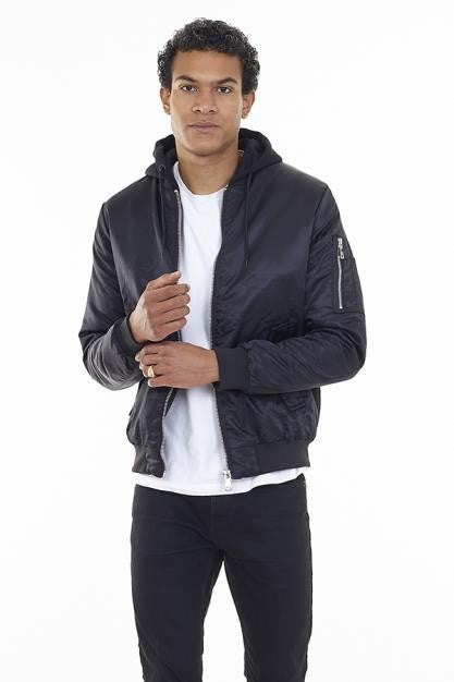 Nylon Bomber Jacket With Jersey Hood