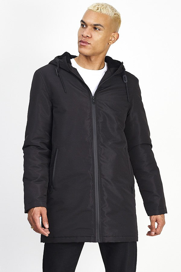 Plain Black Zip Through Taslan Hooded Jacket