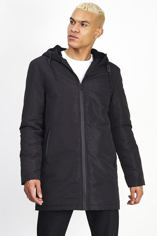 Plain Black Zip Through Taslan Hooded Jacket