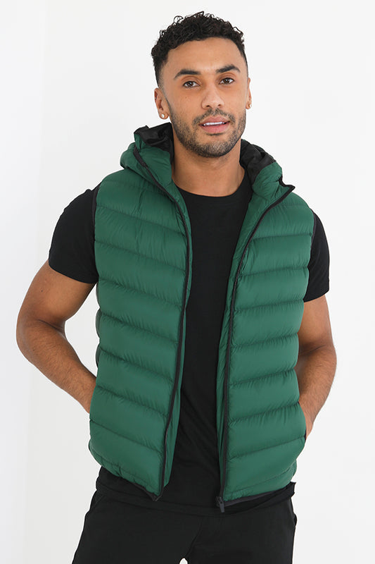 Green Zip Through Chevron Quilt Padded Hooded Gilet
