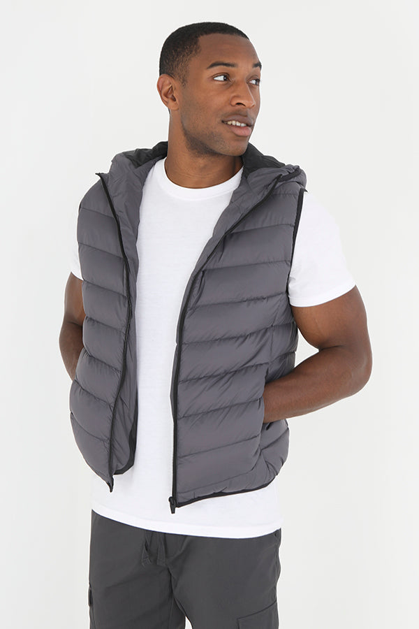 Grey Zip Through Chevron Quilt Padded Hooded Gilet