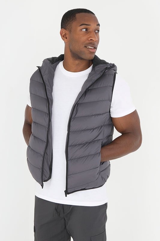 Grey Zip Through Chevron Quilt Padded Hooded Gilet