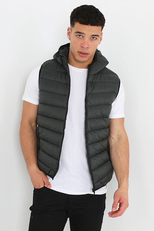 Khaki Zip Through Chevron Quilt Padded Hooded Gilet