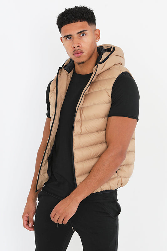 Stone Zip Through Chevron Quilt Padded Hooded Gilet