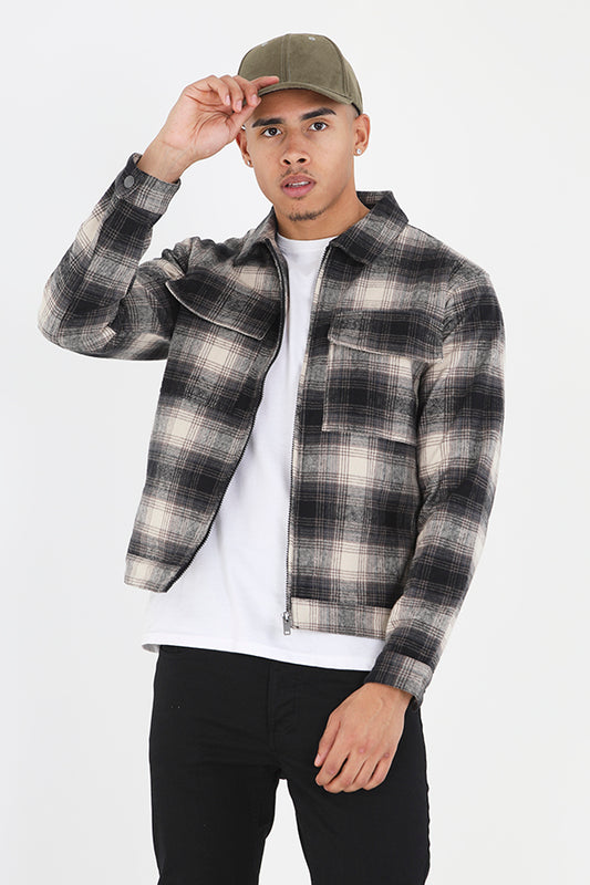 Black And Stone Pocket Detail Checked Jacket