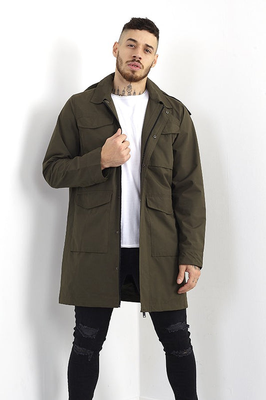 Khaki Longer Length Utility Style Parka Coat