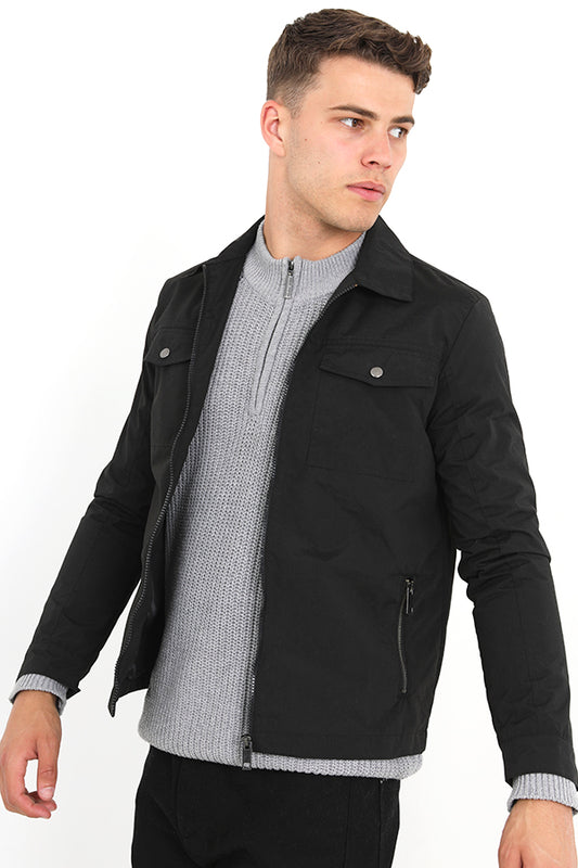 Black Zip Through Pocket Detail Fitted Jacket