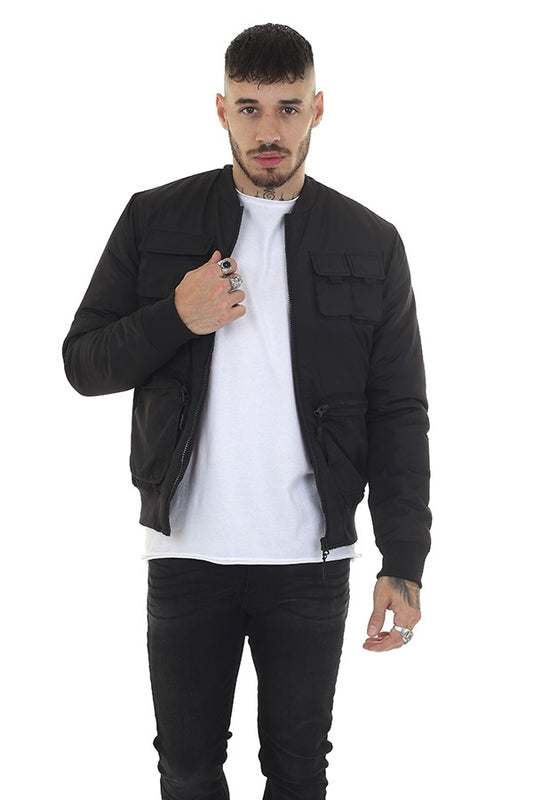 Black Utility Style Padded Bomber Jacket