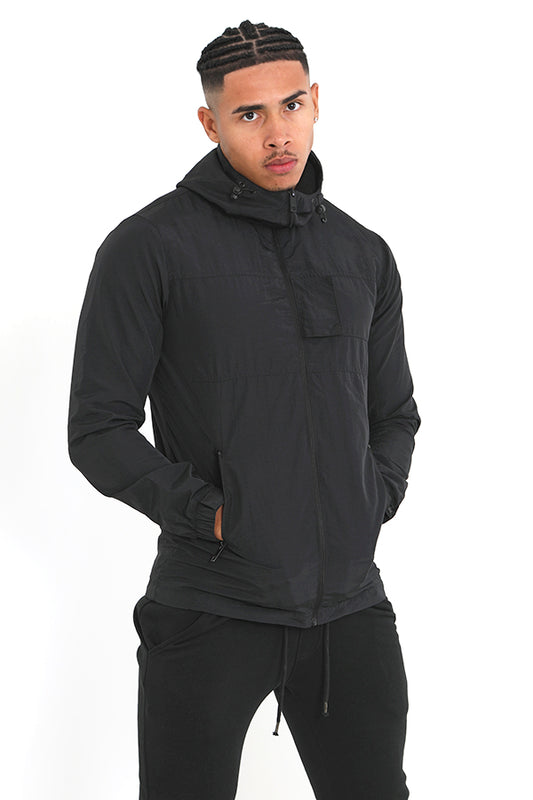 Black Zip Through Lightweight Hooded Jacket