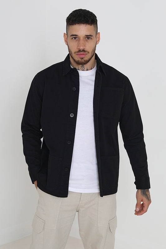 Black Utility Button Through Cotton Shacket