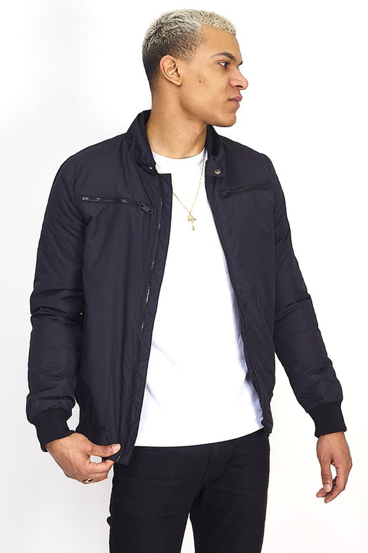 Plain Black Zip Detail Funnel Neck Jacket