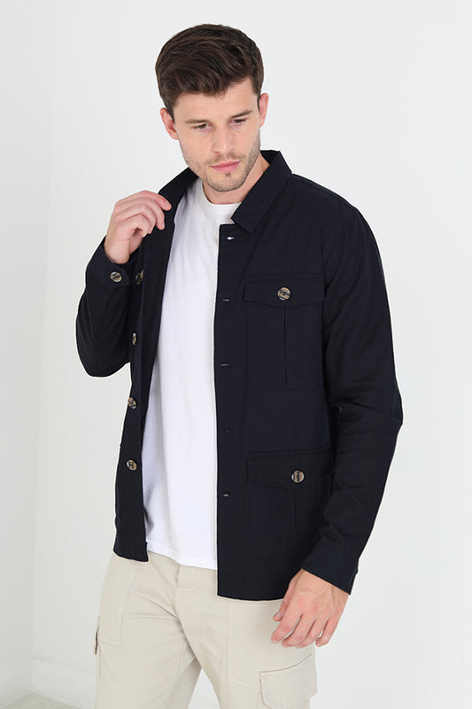 Navy Solid Button Through Linen Shacket