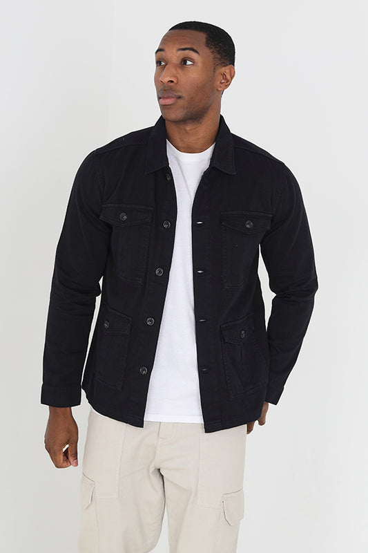 Black Button Through Pocket Detail Twill Jacket