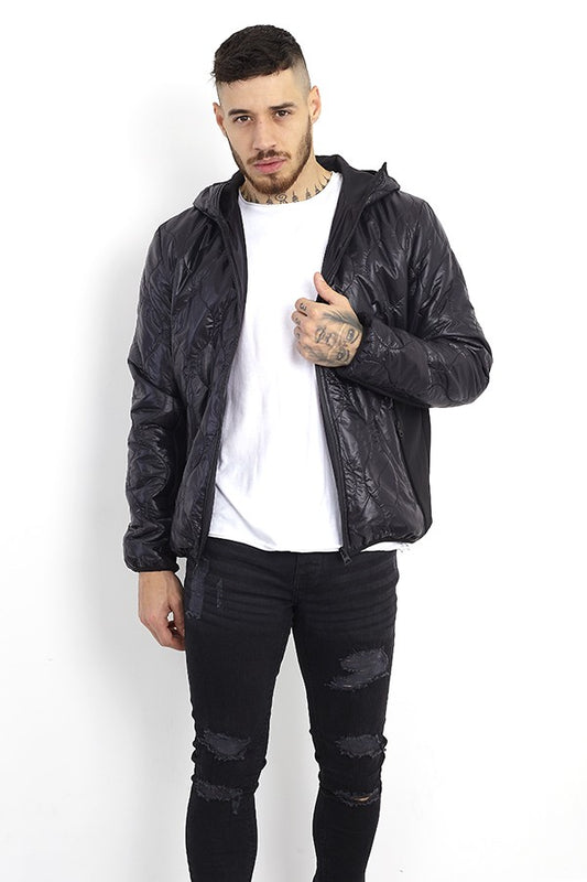Black Light Padded Onion Quilt Hooded Jacket